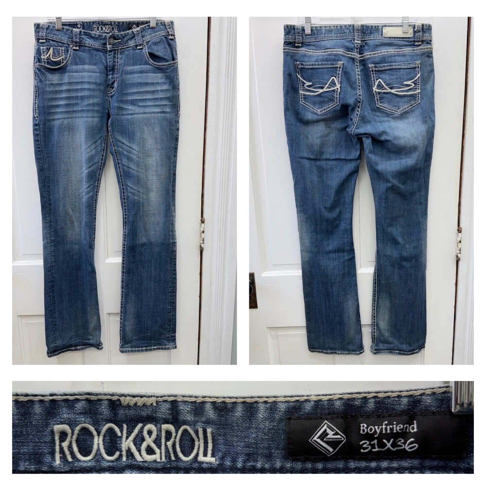 Rock & Roll Cowgirl Boyfriend thick stitch denim jeans women's 31 x 36